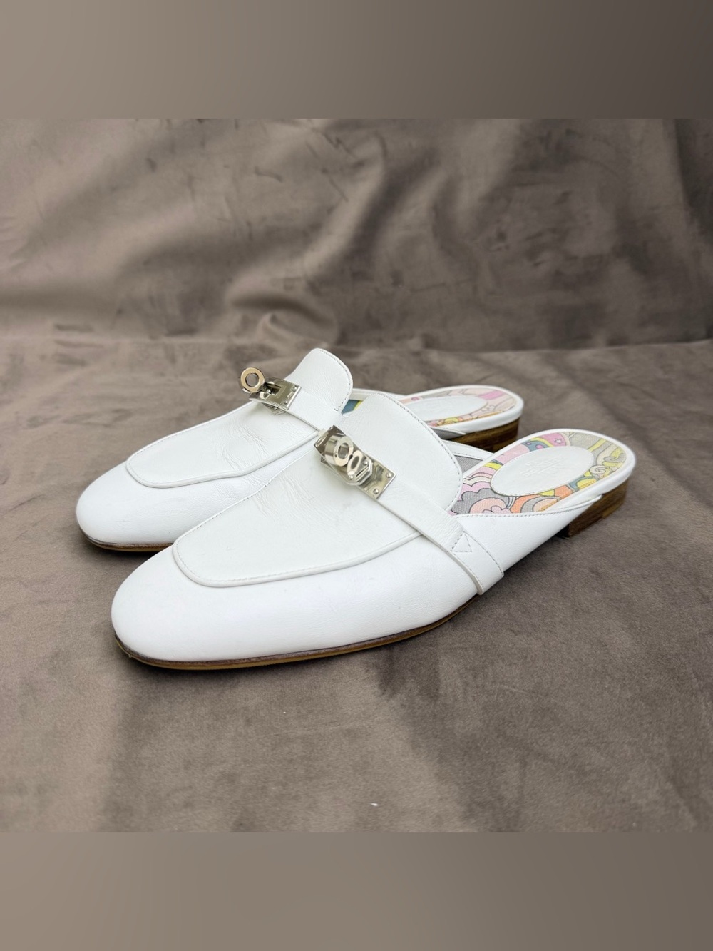 🚩steal Hermes White Leather Backless Mules with Gold Hardware